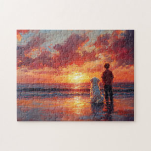 Dog and Boy Watching Sunset on the Beach Jigsaw Puzzle