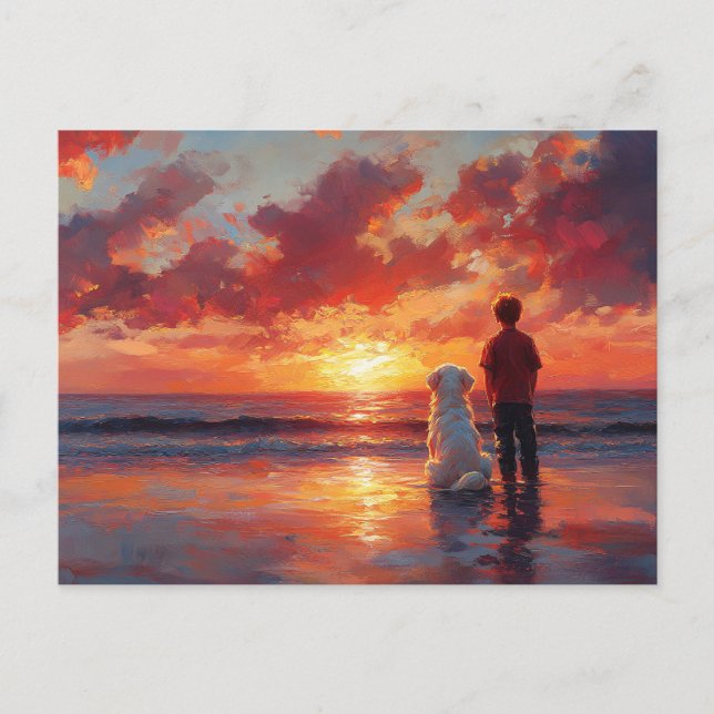 Dog and Boy Watching Sunset on the Beach Postcard (Front)