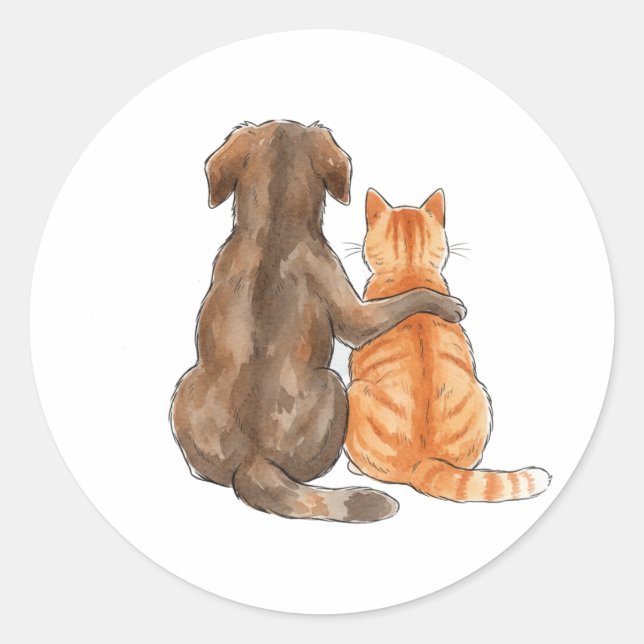 Dog and Cat Friendship Watercolor Classic Round Sticker (Front)