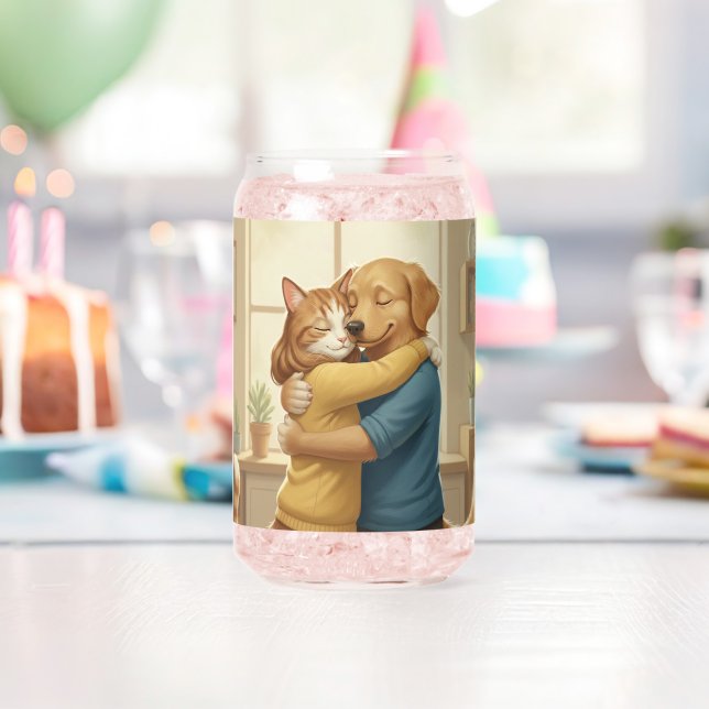 Dog and Cat Hug Printed Can Glass (Insitu (Birthday))