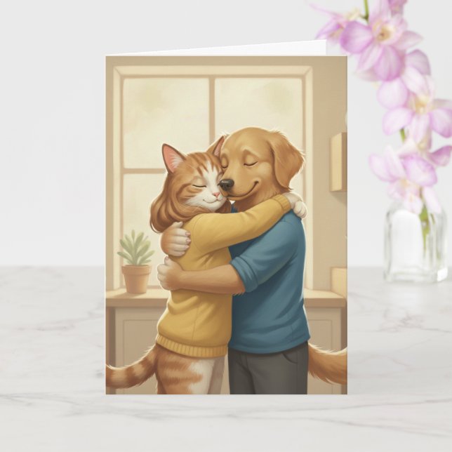 Dog and Cat Hugging Romantic Greeting Card (Orchid)