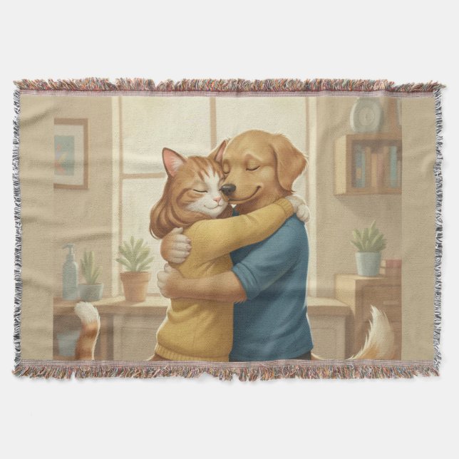 Dog and Cat Hugging Whimsical Woven Throw Blanket (Front)