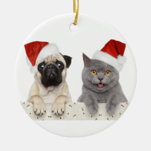 Dog And Cat In Red Christmas Hat Ceramic Tree Decoration