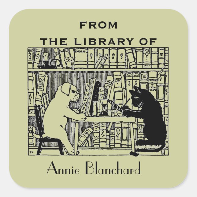 Dog and Cat in the Library Square Sticker (Front)