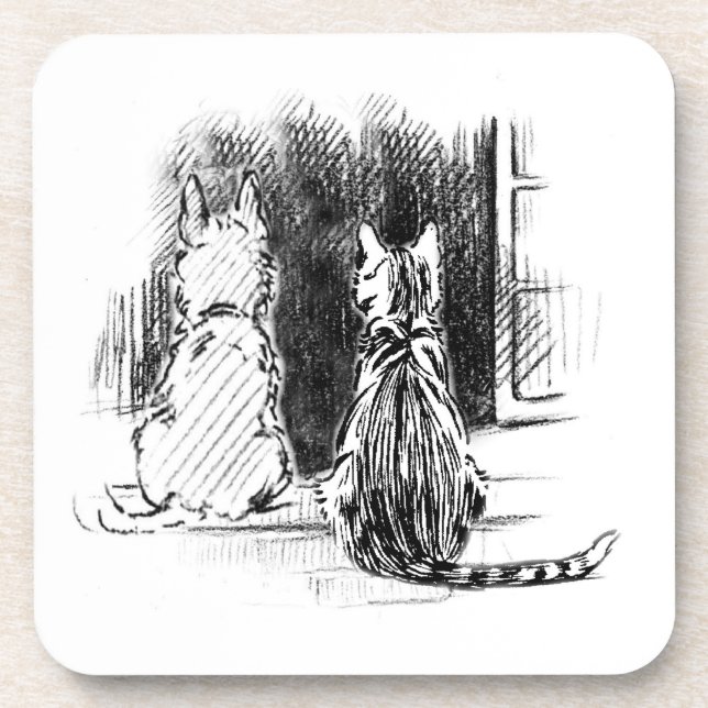 Dog and Cat Looking Out Window, Pet Sympathy Coaster (Front)