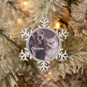Dog and Cat, Looking Up Personalised Snowflake Pewter Christmas Ornament