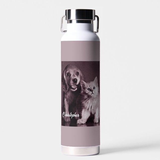 Dog and Cat, Looking Up Personalised Water Bottle (Front)