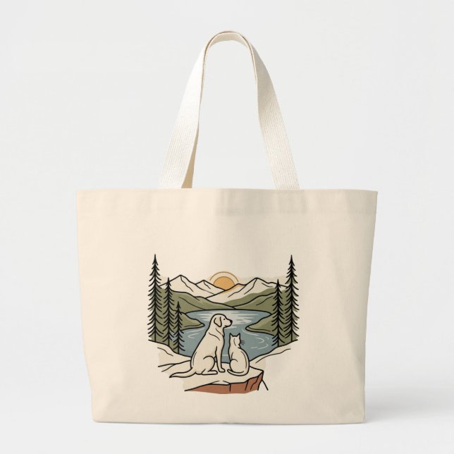 Dog and Cat Mountain Lake Sunset  Large Tote Bag (Front)