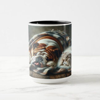 dog and cat napping together. mug