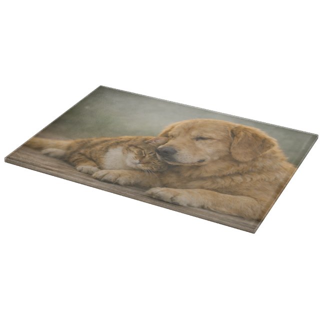 Dog and Cat Resting Together Glass Cutting Board (Corner)