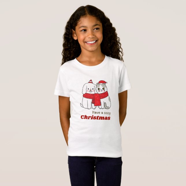 Dog and cat sharing a long, festive scarf. T-Shirt (Front Full)