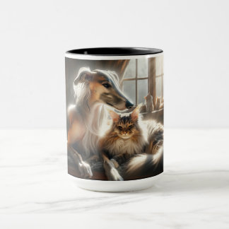 dog and cat sunbathing together. mug