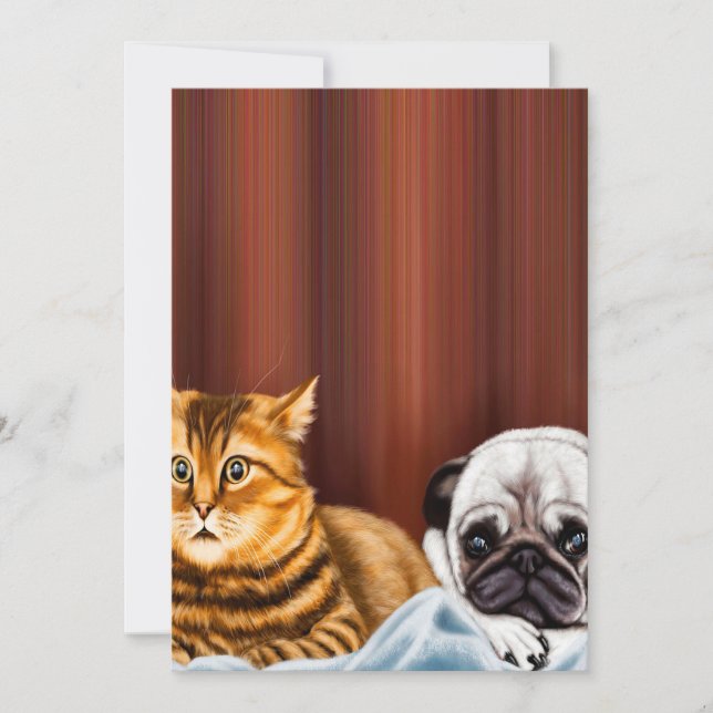 DOG AND CAT WATCHING TV |Cute Pug Owner Holiday Card (Front)