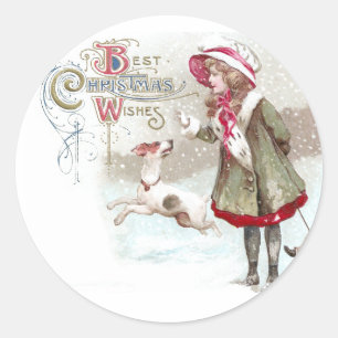 Dog and Girl on Sled Vintage Christmas Classic Round Sticker
