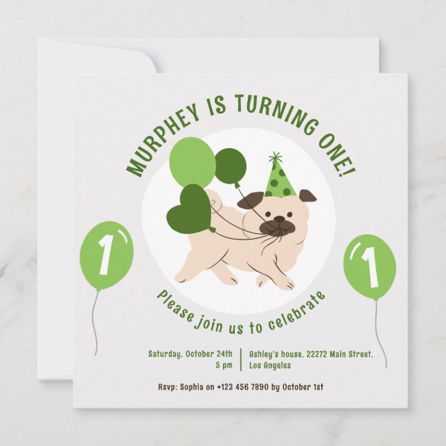 Dog And Green Balloons Birthday Invitation (Front)