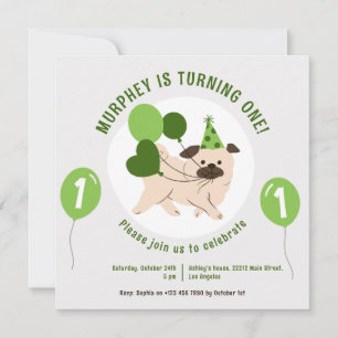 Dog And Green Balloons Birthday Invitation