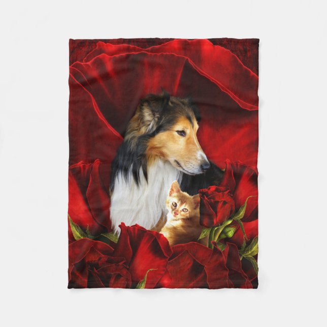 Dog and Kitten embedded in Red Roses Fleece Blanket (Front)