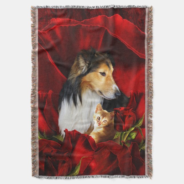 Dog and Kitten embedded in Red Roses Throw Blanket (Front Vertical)