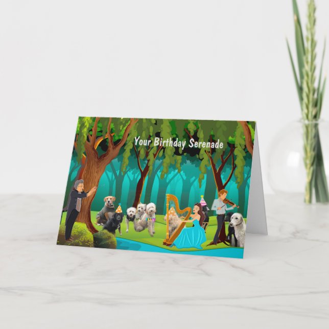 Dog and Musicians Serenade Happy Birthday Card (Front)