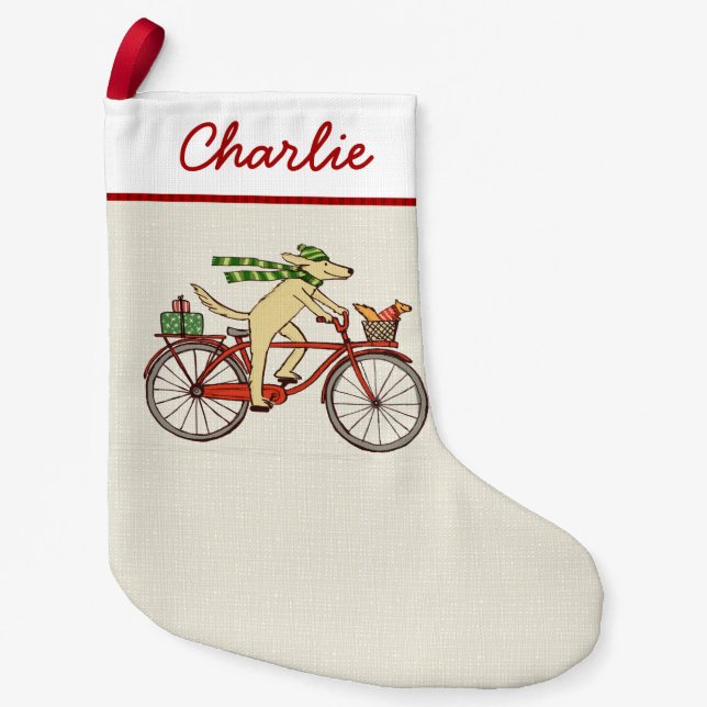 Dog and Squirrel Friends Riding Bicycle Whimsical Small Christmas Stocking (Front)