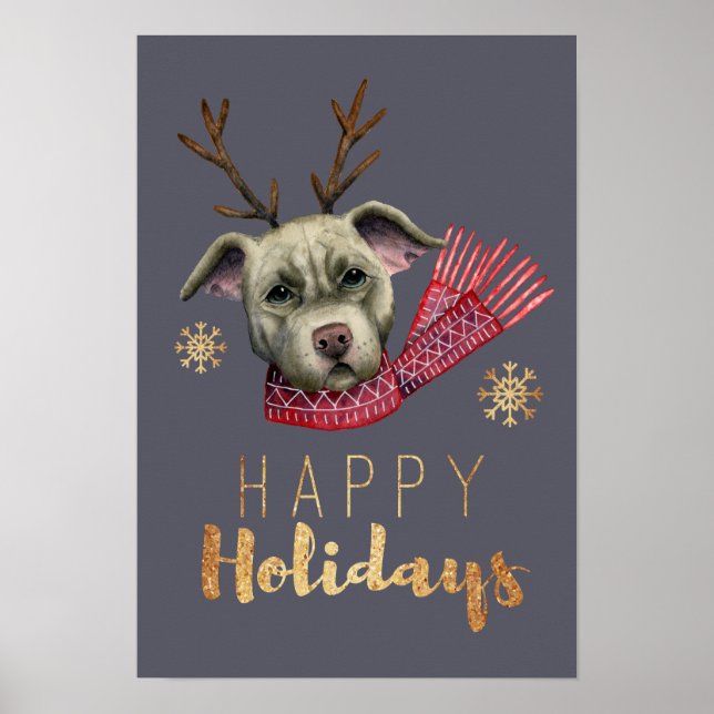 Dog Antlers Christmas Funny Watercolor Art Poster (Front)