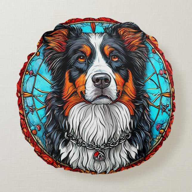 Dog Artistic Stained Glass Portrait Round Cushion (Front)