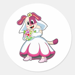 Dog as Bride with Wedding dress & Flowers Classic Round Sticker