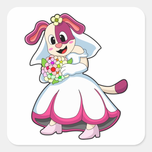 Dog as Bride with Wedding dress & Flowers Square Sticker (Front)