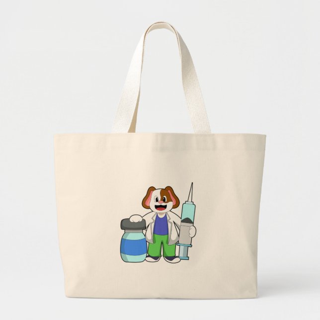 Dog as Doctor with Syringe Large Tote Bag (Front)