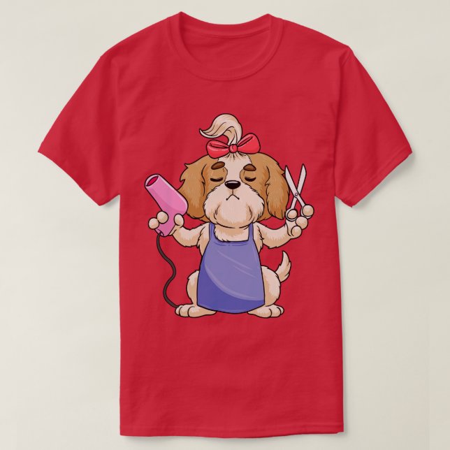 Dog as hairdresser with scissors and hair dryer T-Shirt (Design Front)