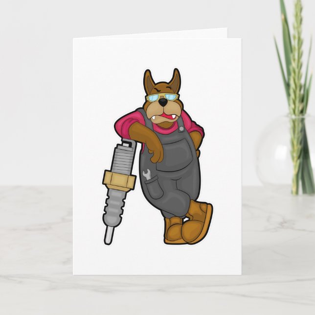 Dog as Mechanic with Spark plug Card (Front)