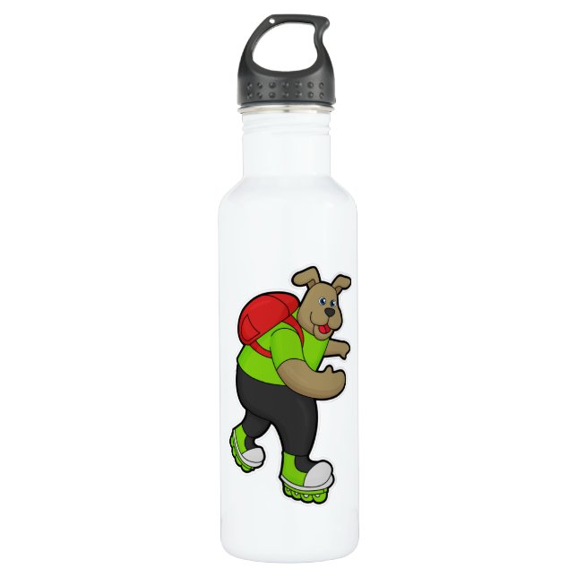 Dog as Skater with Inline skates & Backpack 710 Ml Water Bottle (Front)