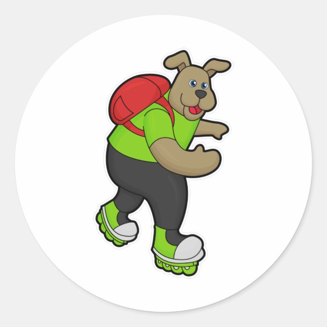 Dog as Skater with Inline skates & Backpack Classic Round Sticker (Front)