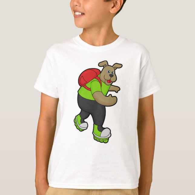 Dog as Skater with Inline skates & Backpack T-Shirt (Front)