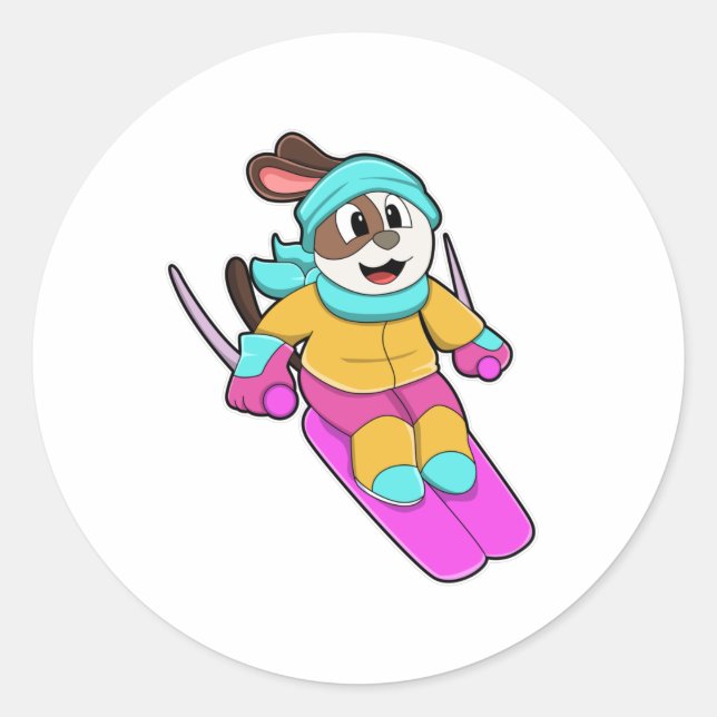 Dog as Skier with Ski & Scarf Classic Round Sticker (Front)