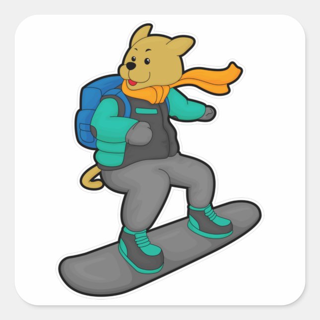 Dog as Snowboarder with Snowboard & Backpack Square Sticker (Front)
