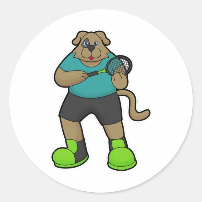 Dog as Tennis player with Tennis racket Classic Round Sticker (Front)
