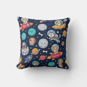 Dog Astronaut Throw Pillow – Space Rocket Pattern