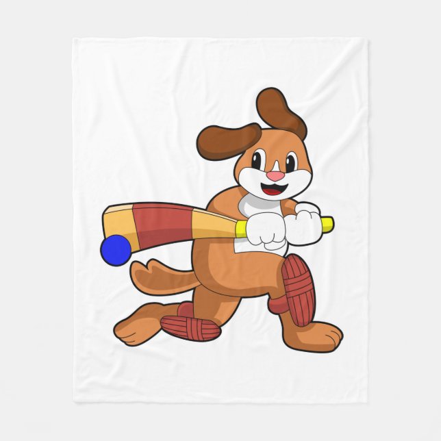 Dog at Cricket with Cricket bat Fleece Blanket (Front)