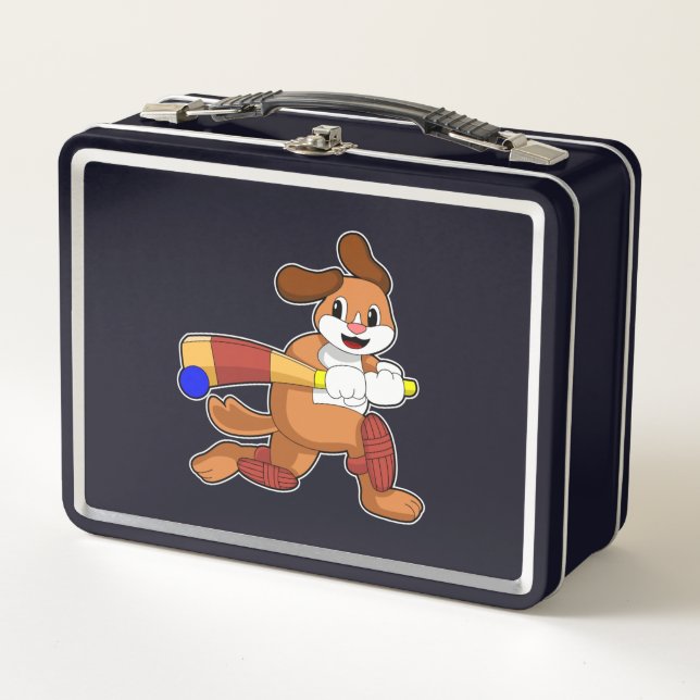 Dog at Cricket with Cricket bat Metal Lunch Box (Front)