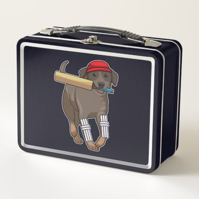 Dog at Cricket with Cricket bat Metal Lunch Box (Front)