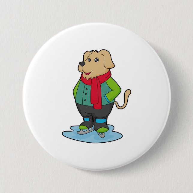 Dog at Ice skating with Ice skates 7.5 Cm Round Badge (Front)