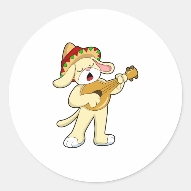 Dog at Music with Guitar Classic Round Sticker (Front)