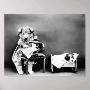 Dog At Sewing Machine - Making Baby's Clothes Poster