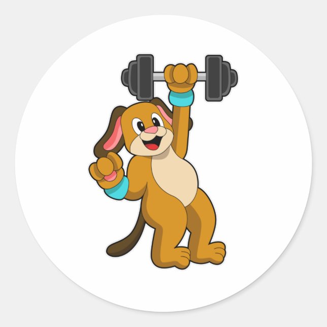 Dog at Strength training with Dumbbell Classic Round Sticker (Front)