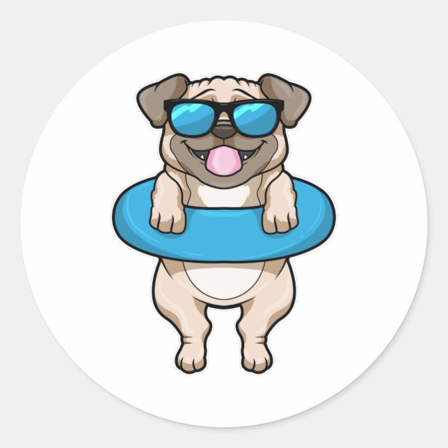 Dog at Swimming with Swim ring & Sunglasses Classic Round Sticker (Front)