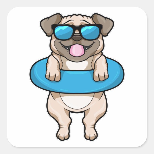 Dog at Swimming with Swim ring & Sunglasses Square Sticker (Front)