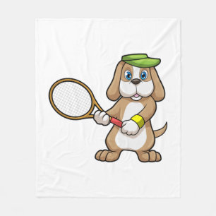 Dog at Tennis with Tennis racket & Cap Fleece Blanket