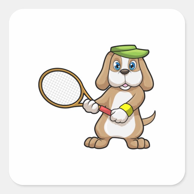 Dog at Tennis with Tennis racket & Cap Square Sticker (Front)