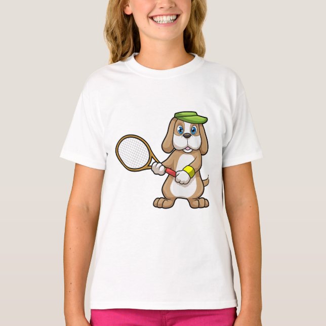 Dog at Tennis with Tennis racket & Cap T-Shirt (Front)